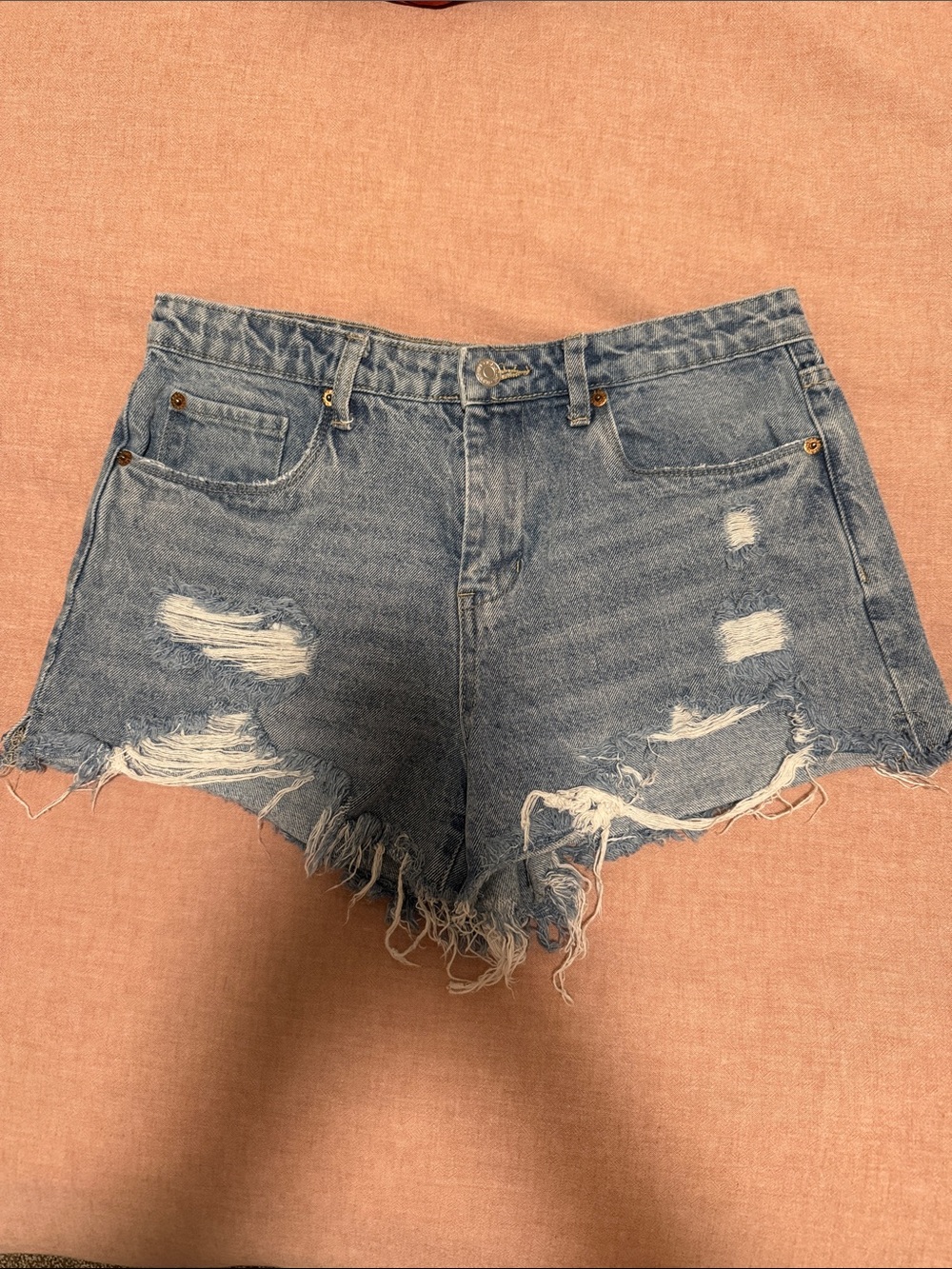 High-Rise Distressed Denim Women's Shorts - Light Blue